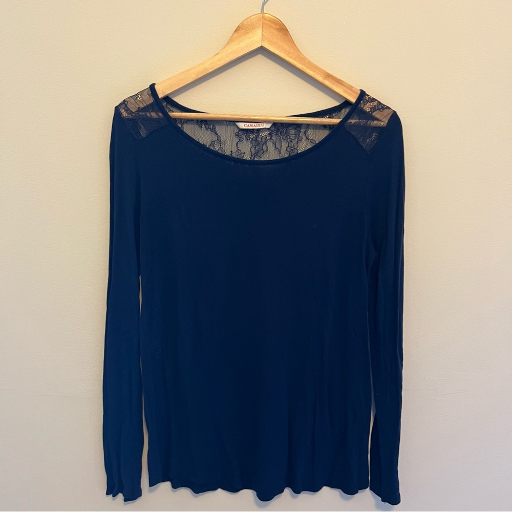 From Paris! Camaieu Dark Blue Lace Top Shirt, Size M